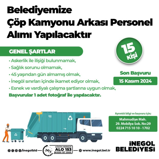İNEGÖL BELEDİYESİ TEMİZLİK HİZMETLERİ İÇİN 15 PERSONEL ALACAK