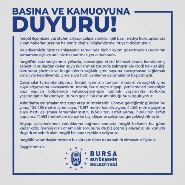 Büyükşehir Belediyesinden İnegöl’de yürütülen altyapı çalışmalarıyla ilgili açıklama