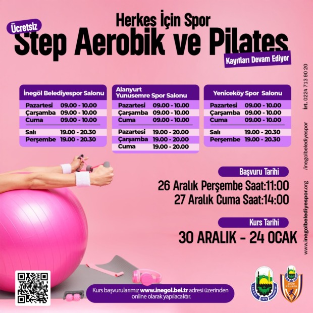 KADINLAR İÇİN ÜCRETSİZ STEP, AEROBİK VE PİLATES KAYITLARI BAŞLIYOR