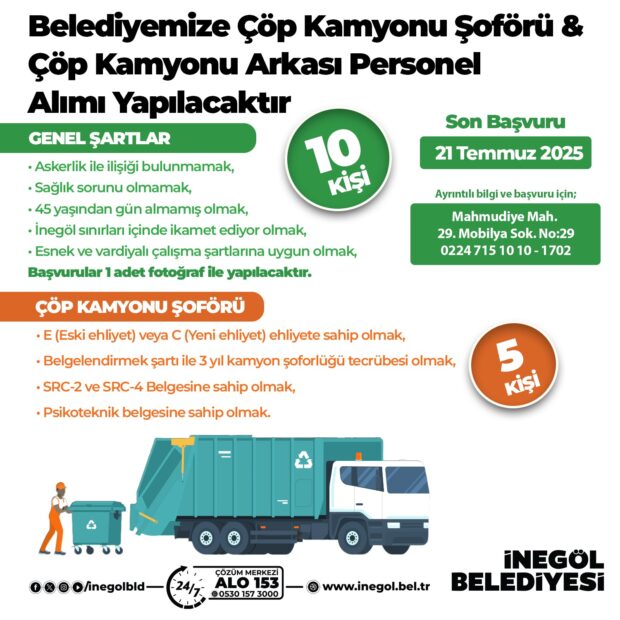 İNEGÖL BELEDİYESİ 15 PERSONEL ALACAK