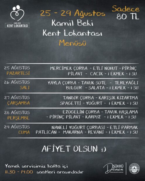 Gemlik Kent Lokantası 25 Ağustos 29 Ağustos Haftası Menüsü