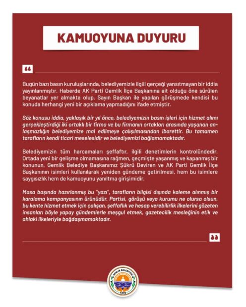 GEMLİK BELEDİYESİNDEN KAMUOYUNA DUYURU