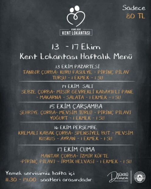 13 Ekim 17 Ekim Tarihleri Gemlik Kent lokantası Menüsü