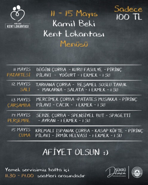 Gemlik Kent Lokantası  11-15 Mayıs Menüsü