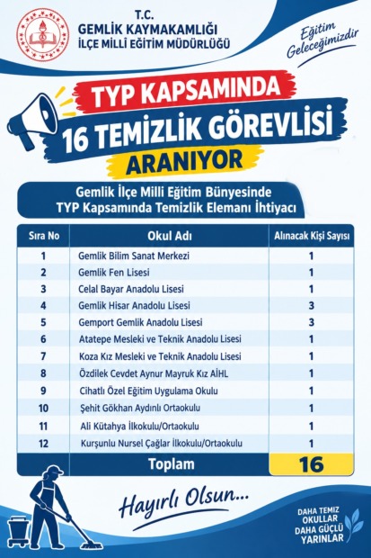 Gemlik’te 16 TYP Temizlik Görevlisi Alınacak